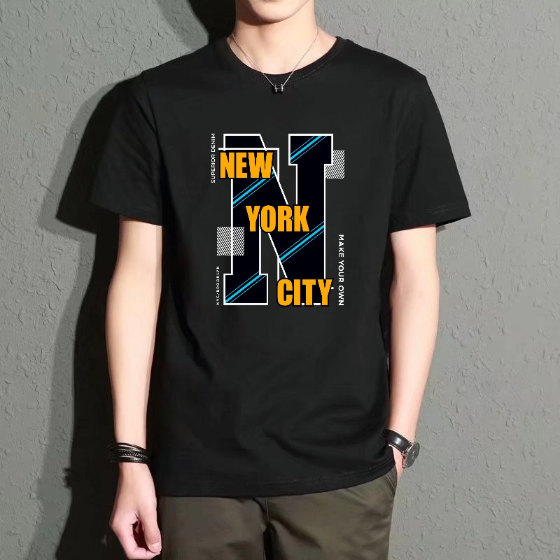 Street Style New York Fashion - Men's Black Round-Neck Short-Sleeved T-Shirt, Loose