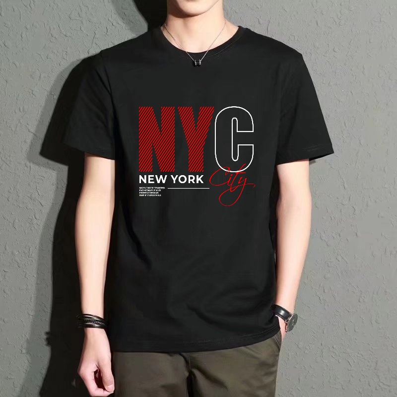 Street Style New York Fashion - Men's Black Round-Neck Short-Sleeved T-Shirt, New