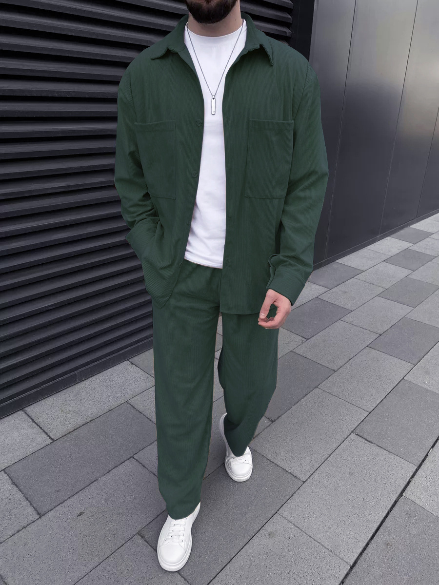 Street Fashion Male - Men's corduroy two-piece outfit: long-sleeved button-down