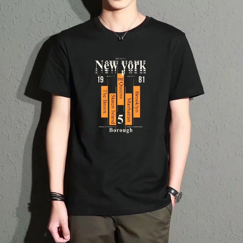 Street Style New York Fashion - Men's Black Round-Neck Short-Sleeved T-Shirt, New